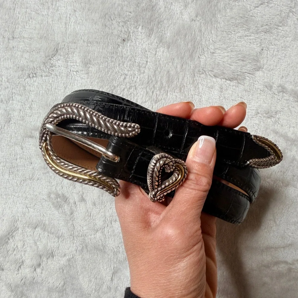 Brighton Classics Black Croc Embossed Leather Western Heart Belt Size 32  new
